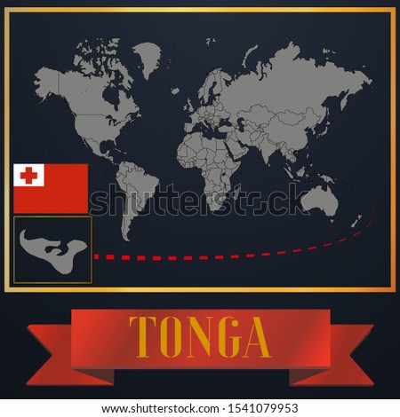 Oceanian Tonga national flag, realistic globe world map blank template, solid country outline silhouette, atlas for infographic, vector illustration set, isolated object, background