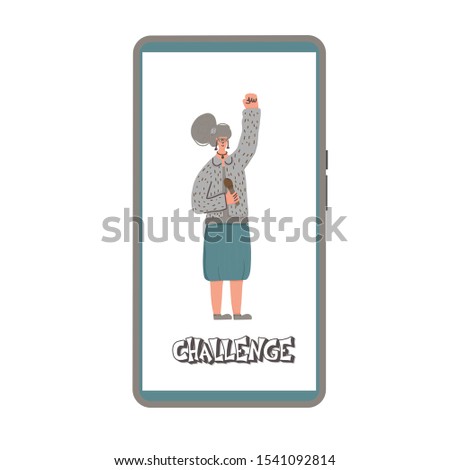 Challenge concept. Social media flashmob. Cute woman with microphone standing in phone screen. Vector illustration.