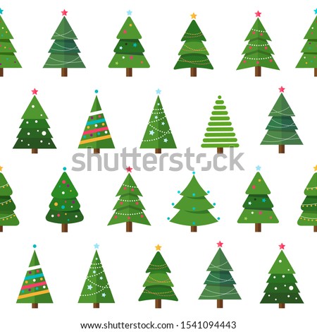 Collection of Christmas trees in a seamless pattern, modern flat design. Can be used for printed materials - leaflets, posters, business cards or for web.
