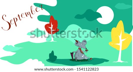 Cute animal mouse with mushroom and umbrella in paws, cartoon hand drawn flat vector illustration with lettering. Can be used for t-shirt print, kids wear fashion design, baby shower invitation card