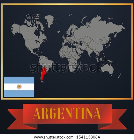 American Argentina national flag, realistic globe world map blank template, solid country outline silhouette, atlas for infographic, vector illustration set, isolated object, background