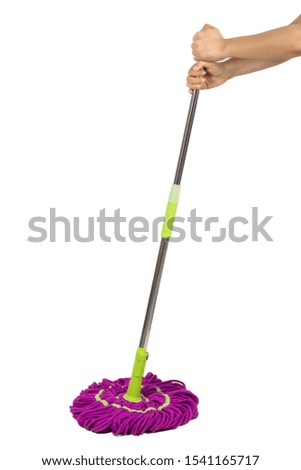 Women hand holding mop isolated on white background.