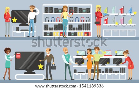People Shopping for Household Appliances Set, Men and Women Choosing and Buying Electronics in Store Vector Illustration
