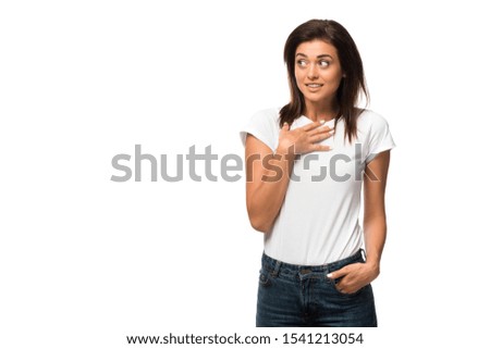 attractive surprised woman in white t-shirt, isolated on white