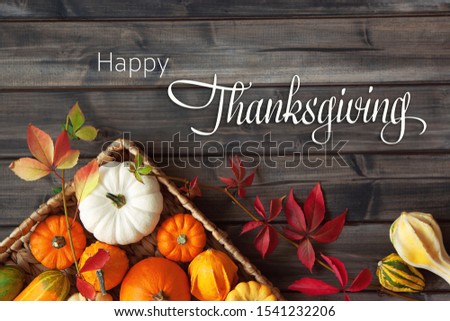 Thanksgiving Greetings. Pumpkins and  leaves in a tray on a dark wooden background. Top view. Flat layer