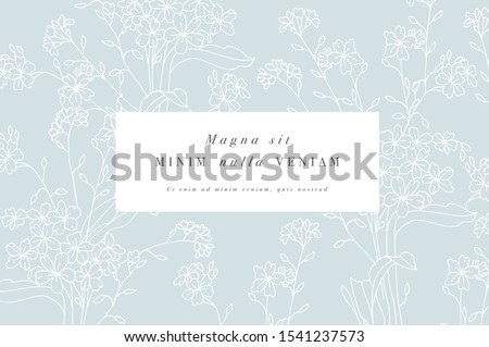 Vintage card with forget me not flowers. Floral wreath. Flower frame for flowershop with label designs. Summer floral greeting card. Flowers background for cosmetics packaging Royalty-Free Stock Photo #1541237573