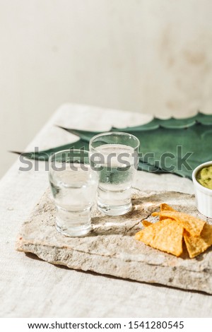 Mezcal or Mescal is a Mexican distilled alcoholic beverage made from any type of oven-cooked agave. With tortilla chips and guacamole dip. Royalty-Free Stock Photo #1541280545