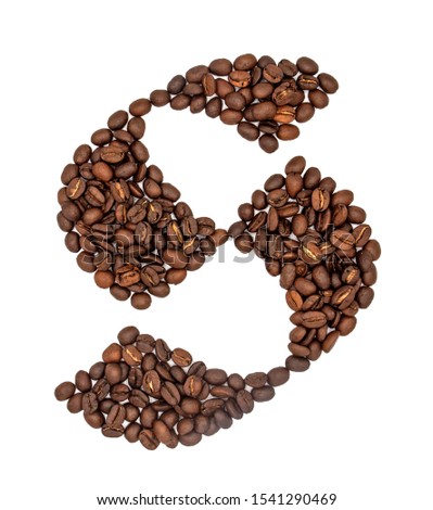 Coffee seeds font, English alphabet of Coffee seeds isolated on white background with clipping path. Letter S symbol made from Coffee seeds.