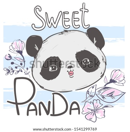 Hand Drawn Panda and flowers Bear Vector Illustration. Children prints.