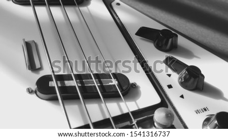   vintage bass guitar closeup . black and white                             