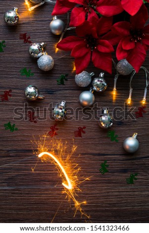 Christmas flat lay decorations with sparkle lighted up. Reindeer cut outs in red and green. Christmas red flowers