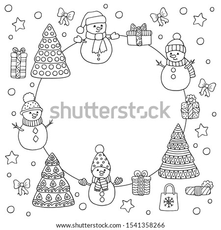 Round frame with cute doodle snowmen and Christmas trees, coloring page for kids and adults