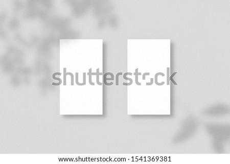 Blank business cards on grey background. Mockup of two vertical business cards with soft shadows. Template for branding identity. Photo mockup with clipping path.
