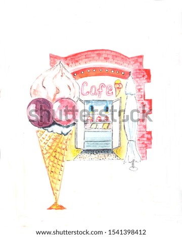 Ice cream cafe. Watercolor illustration.