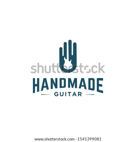 Label design template with hands and guitar for handmade products. Vector illustration.