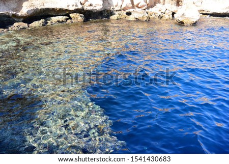 Blue transparent deep Red Sea with coral reefs and swimming and snorkeling tourists. Egypt, Sharm El Sheikh