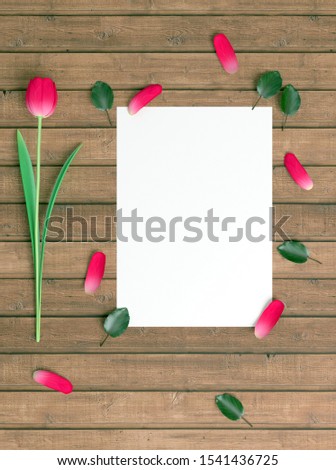 Love letter mockup. Red tulip, leaf and paper. 3d render.