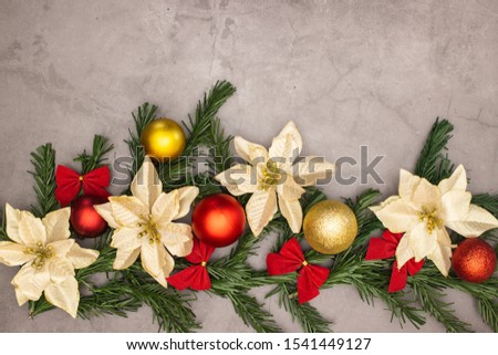 Beautiful gold and red Christmas decoration with Christmas ornaments