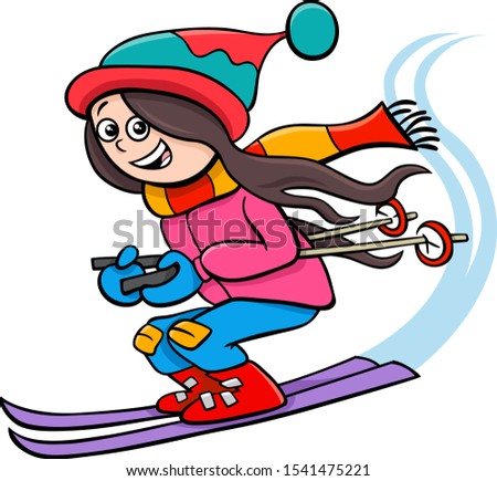 Cartoon Illustrations of Kid or Teen Girl Character on Ski on Winter Time