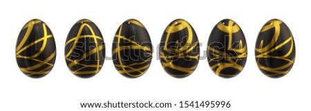 Black shiny metallic color Easter eggs painted with gold lines isolated on white background 3D illustration