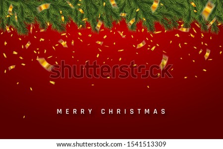 Festive Christmas or New Year Background. Christmas firtree branches with confetti. Holiday's Background. Vector illustration.