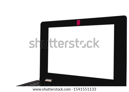 Laptop with covered webcam for security and blank screen isolated on white background.