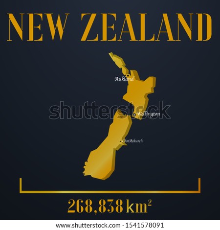 New Zealand, Aukland golden 3d solid country outline silhouette, realistic piece of world map template, for infographic, vector illustration, isolated object, background. From countries set