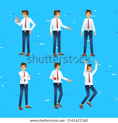 set isometric illustration of man as office worker, wearing white shirt, red tie, blue pants and shoes with different gesture, blue background. businessman doing activity in the office or presentation