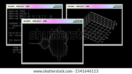Mandelbrot set fractal graphical visualization made of particles. Cyberpunk futuristic style vector illustration. Royalty-Free Stock Photo #1541646113