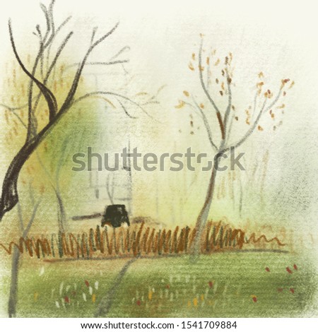 Autumn hand painted pastel illustration. Trees and buildings in fog
