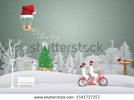 Abstract background with Couple Wearing a Santa hat and riding a red bike and Santa Claus and reindeer in a balloon shaped Santa hat floating on the sky in winter season.Vector and illustration style