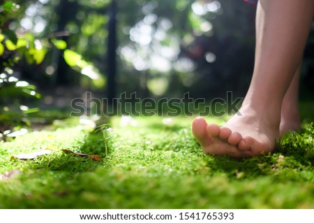   women bare feet walking on moss with sunlight Royalty-Free Stock Photo #1541765393