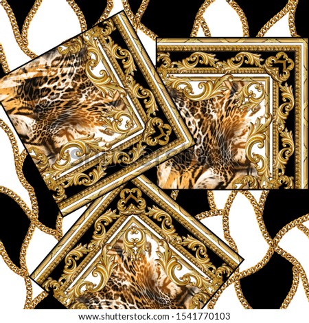 golden baroque and geometric chains with lopard background