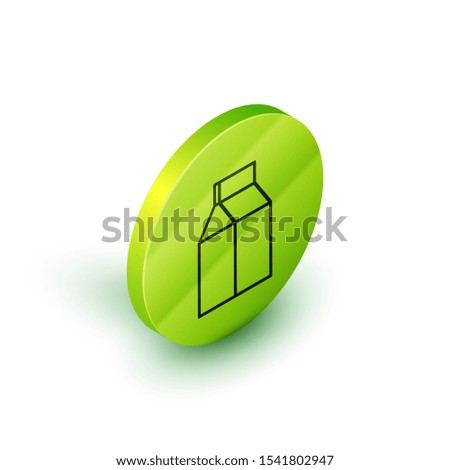 Isometric line Paper package for milk icon isolated on white background. Milk packet sign. Green circle button. Vector Illustration