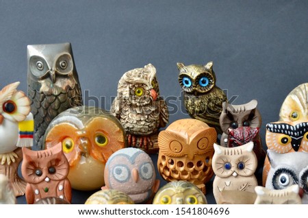 Collection of colorful owls on the gray background