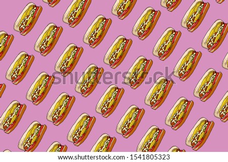 Hotdog pattern. Hand drawn hotdog illustration. Great for poster, card or restaurant.