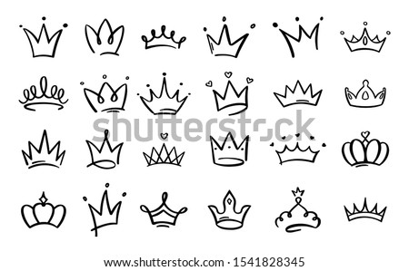 Doodle crowns. Line art king or queen crown sketch, fellow crowned heads tiara, beautiful diadem and luxurious decals vector illustration set. Royal head accessories linear collection Royalty-Free Stock Photo #1541828345