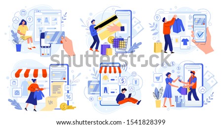 Online store payment. Bank credit cards, secure online payments and financial bill. Smartphone wallets, digital pay technology and modern retail flat vector illustration set. E-paying Royalty-Free Stock Photo #1541828399