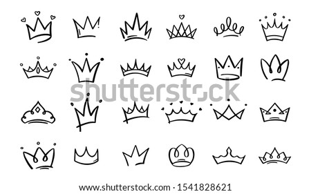 Hand drawn doodle crowns. King crown sketches, majestic tiara, king and queen royal diadems vector. Line art prince and princess luxurious head accessories isolated on white background Royalty-Free Stock Photo #1541828621