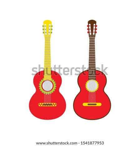Two Red Mexican guitar set. Vector isolated illustration on white background.  Music icons and melody template