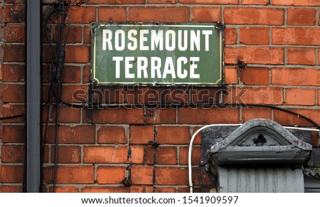 Rosemount Terrace street sign on red brick wall in Arbour Hill, Dublin city centre. 
