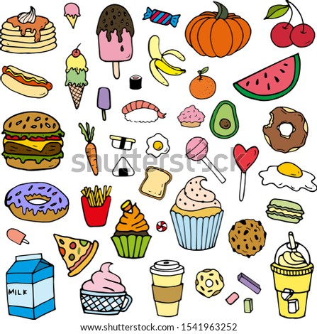 Junk Food Dessert Pastry Fruit Vegetables Ice Cream Drinks Vector Cartoon Line Doodle Element Isolated on White Background Collection Set