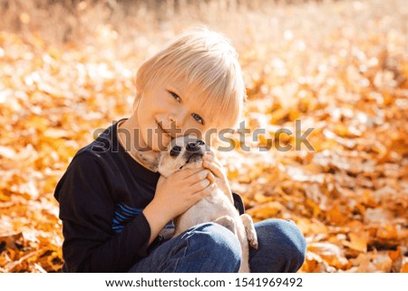 portrait of a little blond boy cuddling with a small dog in autumn park