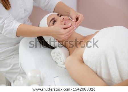 Masseuse massaging face of smiling pretty lady stock photo