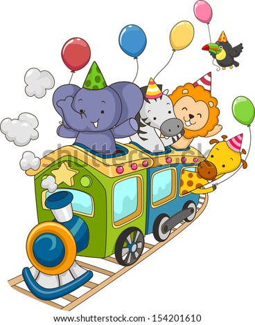 Illustration of Jungle Animals Holding Party Balloons Riding a Locomotive Train
