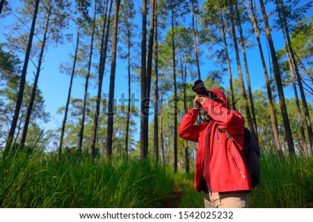  Photography backpack walks into the forest 