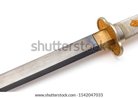 Damascus blade, pattern on the surface is caused by multiple folds of steel. Isolated in white background.