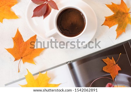 Autumn still life from above. A cup of coffee decorated with gold and red leaves on a white background.