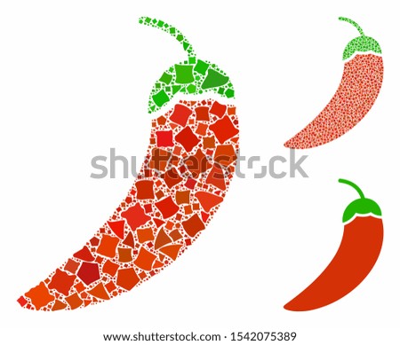 Chili pepper composition of tuberous parts in various sizes and shades, based on chili pepper icon. Vector tuberous items are organized into collage. Chili pepper icons collage with dotted pattern.