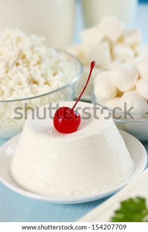 dessert of ricotta cheese with cocktail cherry